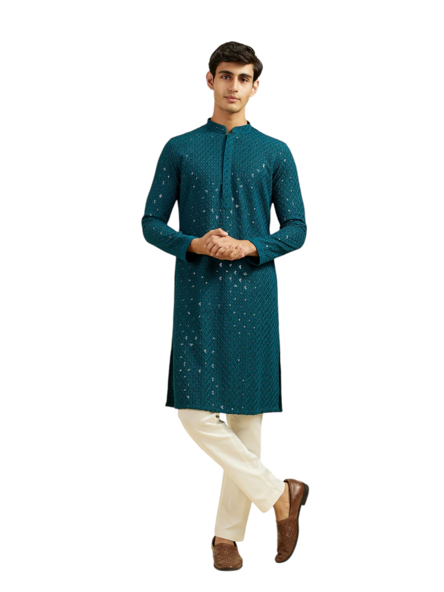 DIWAS BY MANYAVAR Men's Viscose Embroidery|Sequin Work Kurta Set (Teal Green,S)