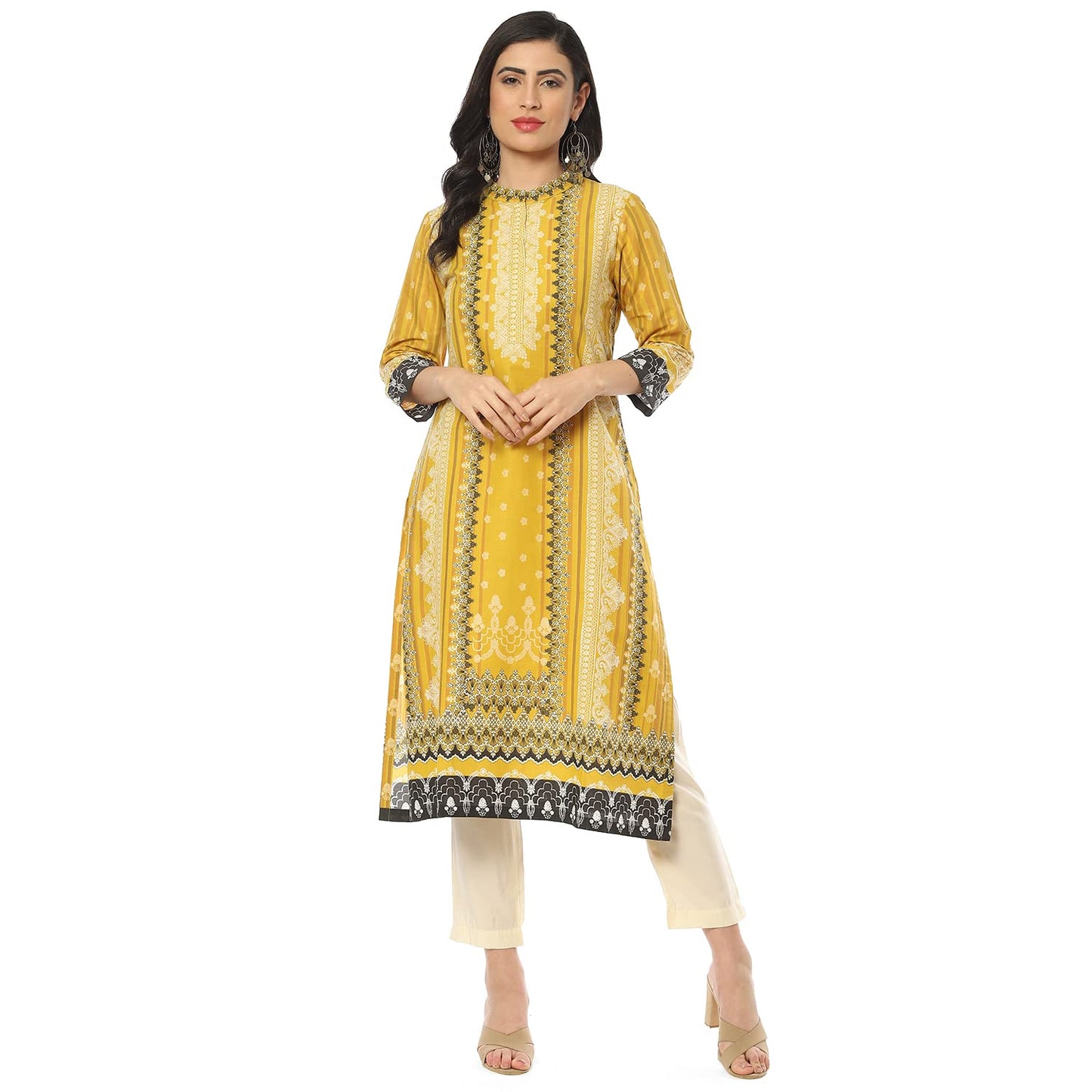 BIBA Women's Ochre Cotton Straight Printed Kurta