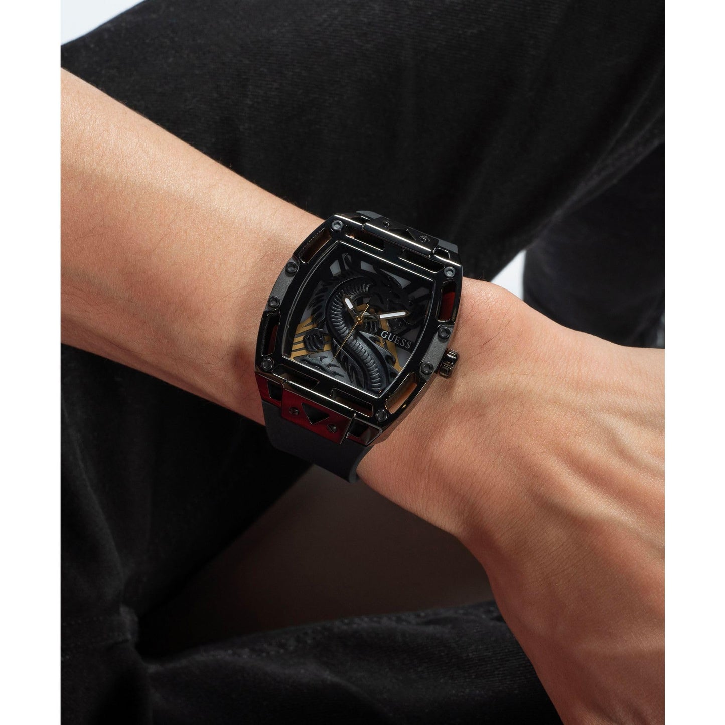 GUESS Silicone Men 44Mm Analog Watch - Black Strap Black Dial Black Case, Black/Black/Gold, Classic, Black Band