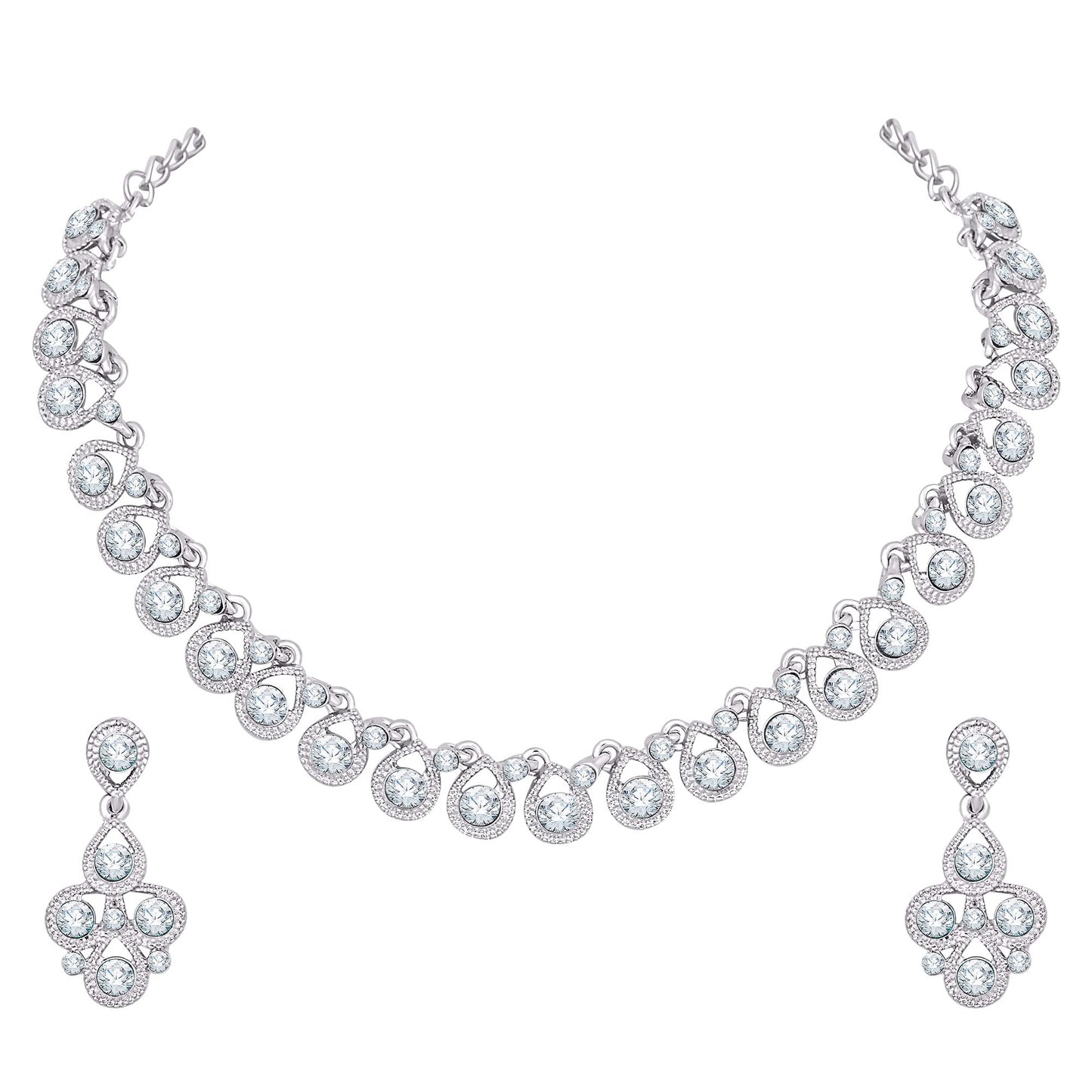 Atasi International White Diamond/Stones Silver Plated Alloy Necklace Set with Earrings for Women | Stylish Jewellery for Party, Wedding and Festive Occasions | Fashion Accessories
