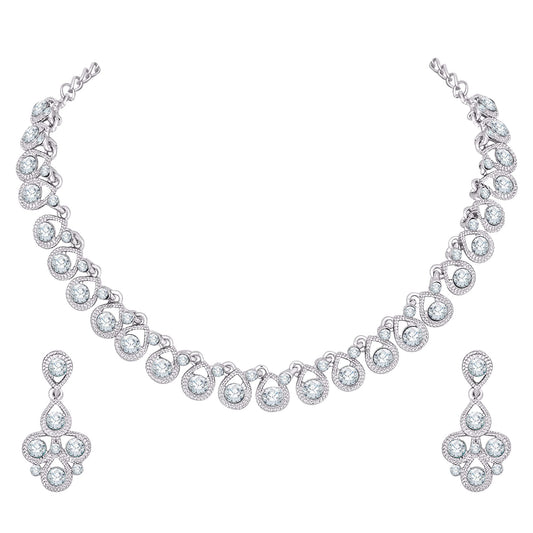 Atasi International White Diamond/Stones Silver Plated Alloy Necklace Set with Earrings for Women | Stylish Jewellery for Party, Wedding and Festive Occasions | Fashion Accessories
