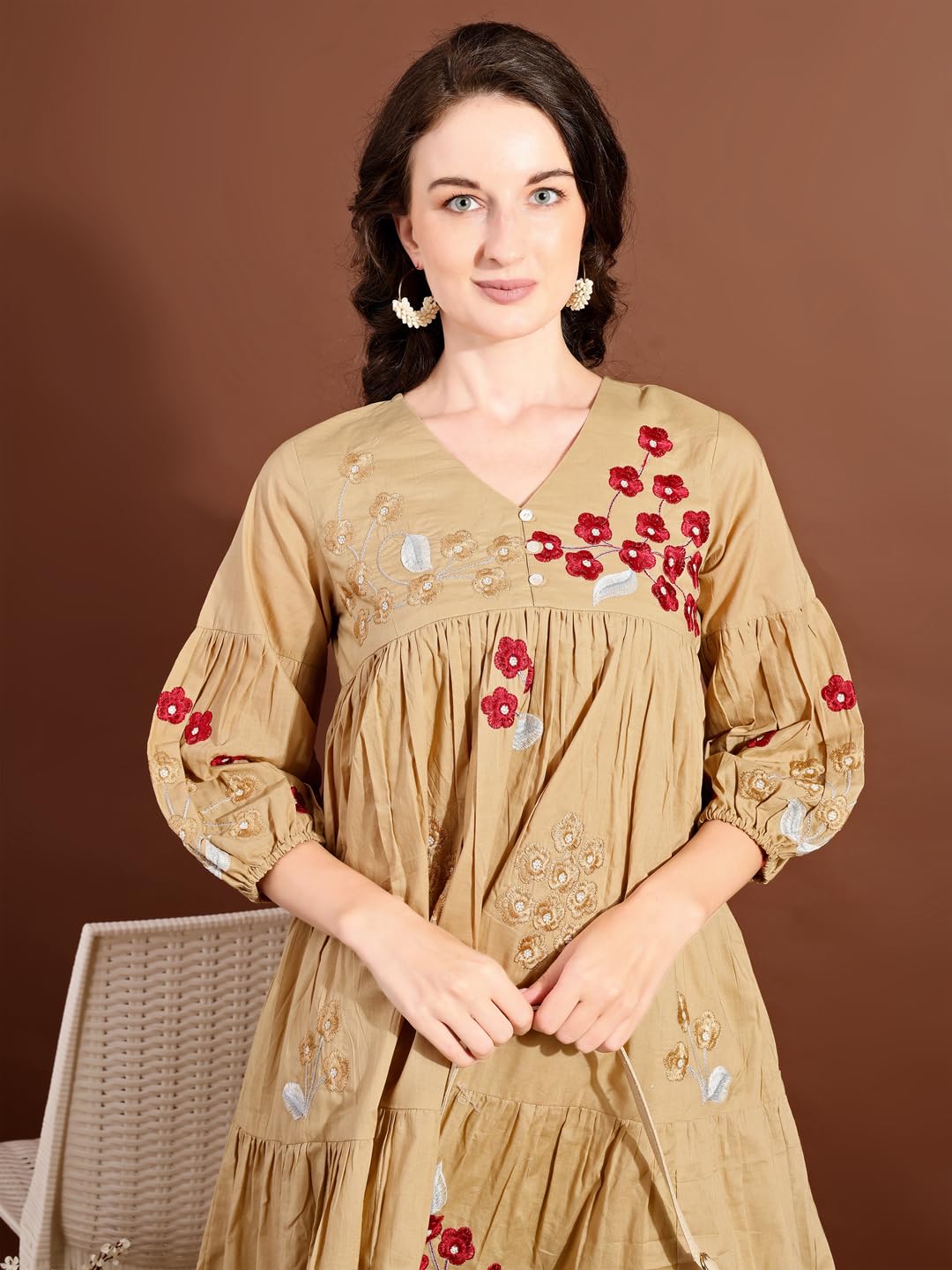 Womanista Women's Beige Cotton with All Over Embroidery V-Neck Tiered Ethnic Dress Knee Length (ETHNICDRESS_106 M)