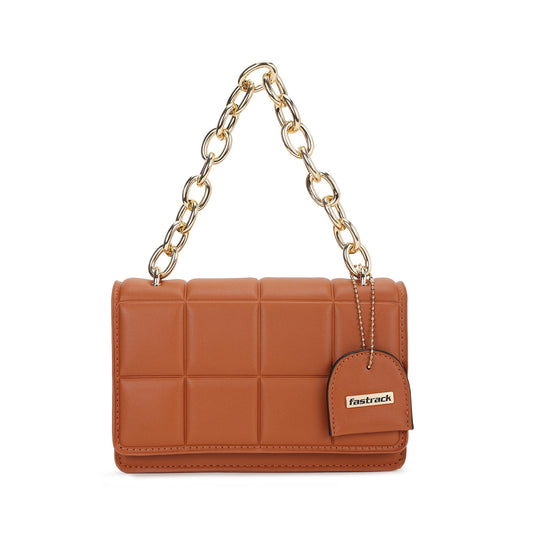 Fastrack Quilted Pattern Sling Bag For Women | Faux Leather Sling With Metal Chain Handle and Adjustable Belt | Flap Closure With Magnetic Lock and Trendy Charm | Trendy Women's Handbags