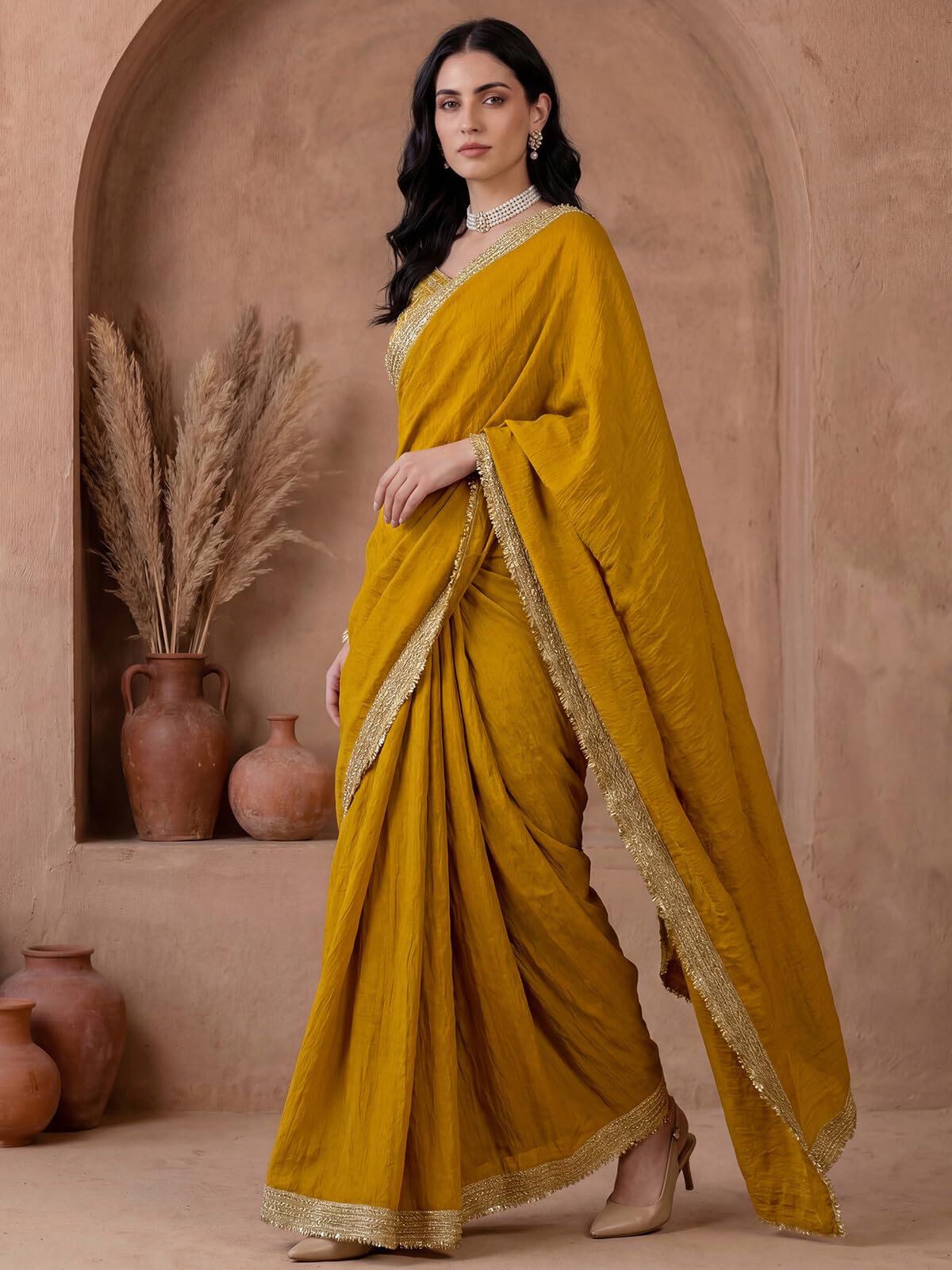 SIRIL Women's Silk Plain Saree with Unstitched Blouse Piece (5140S1092A_Mustard Yellow)