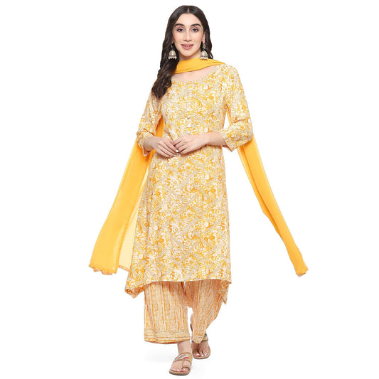 BIBA Women's Rayon Printed Straight Kurta Salwar Kurta Dupatta (Skd9677_Yellow_34)