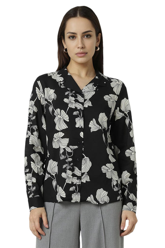 Women Black Print Long Sleeves Formal Shirt