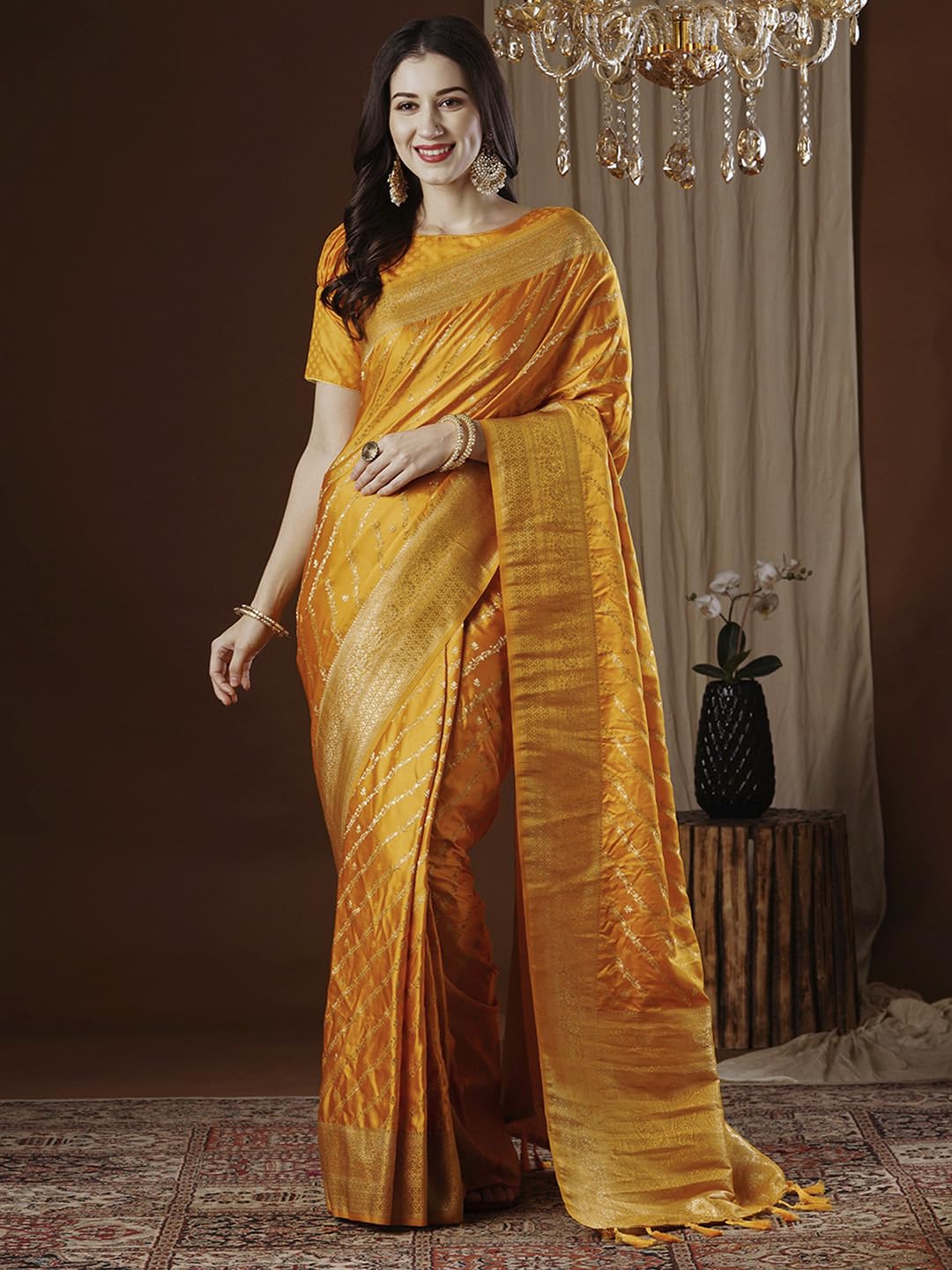 AKHILAM Women's Yellow Satin Silk Ethnic Motif Woven Design Saree With Unstitched Blouse (ARYA4404_FL)
