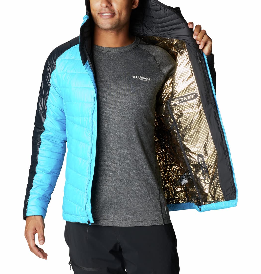 Columbia Mens Platinum Peak Hooded Jacket, Compass Blue, Black, L