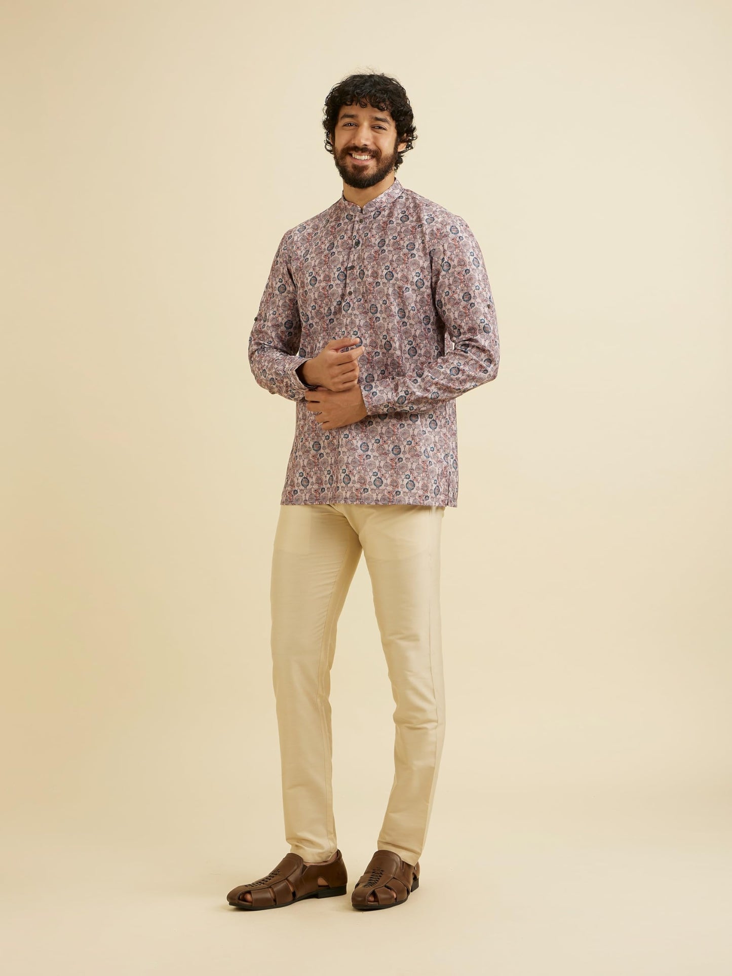 Manyavar Men's Cotton Blend Digital Print Short Kurta (Peach,XL)