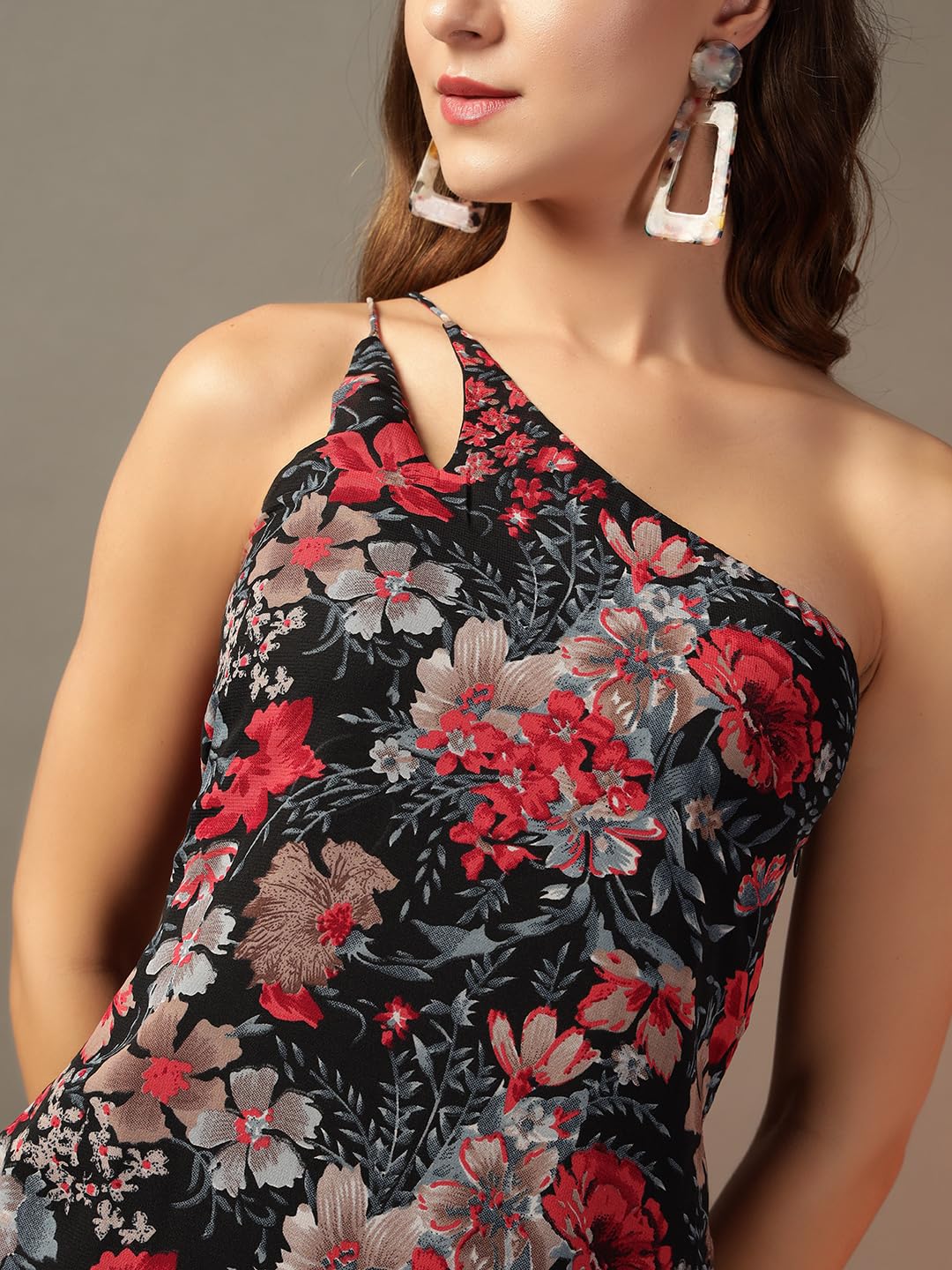 Trend Arrest.ed Women's Polyester Fit and Flare Midi Dress (D5378_Black 1_M)