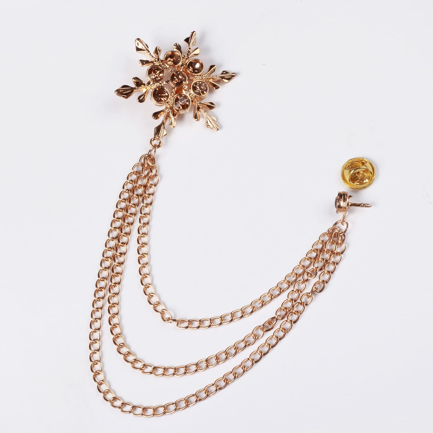 Panjatan Men's Gold Stone Studded Snowflake Brooch with Golden Chain – Elegant Lapel Pin for Suit, Blazer & Coat (Gold)