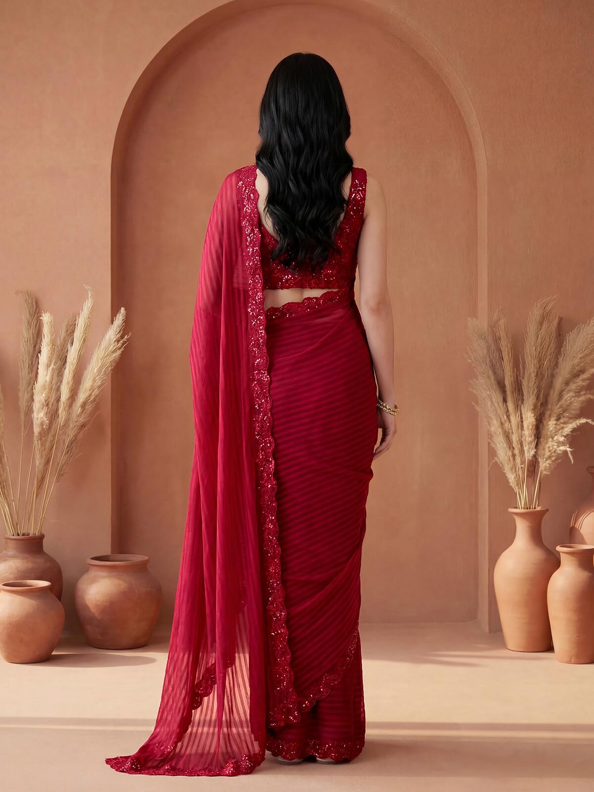 SIRIL Women's Georgette Stripes Embellished Saree with Unstitched Blouse Piece (2992S2671AAAA_Red)