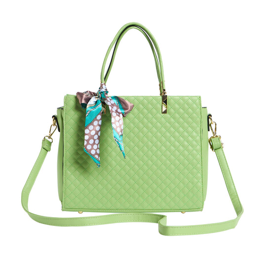 Chumbak Sage Quilted Handbag with Scarf, Sage Green, Multipurpose Hand Bag with Pouch for Shopping, Hand Held Bag for Women and Girls, Solid Colour Handbag