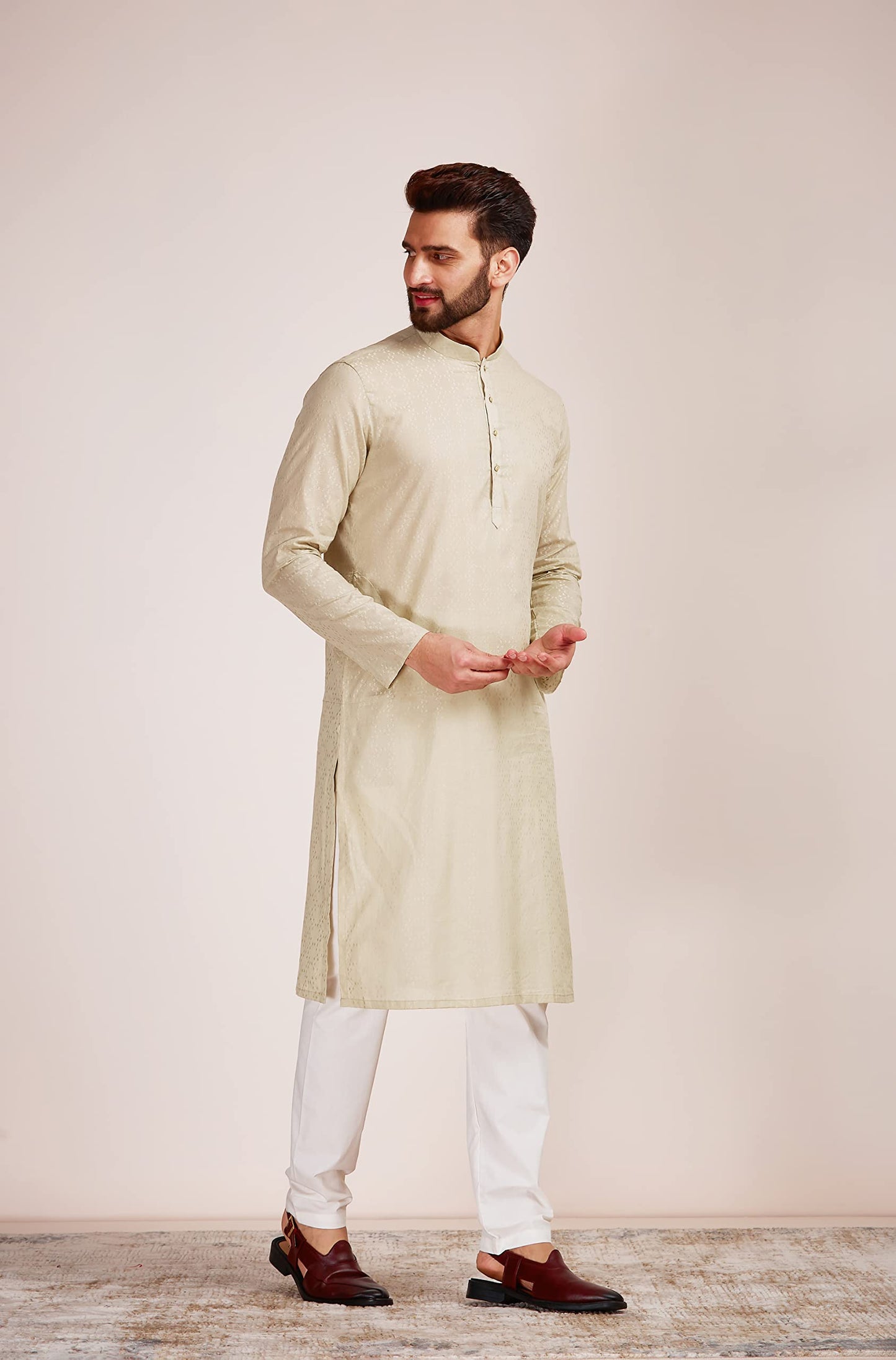 Manyavar Pista Cotton Full Sleeve Kurta Set | Traditional Kurta Set For Men (M)