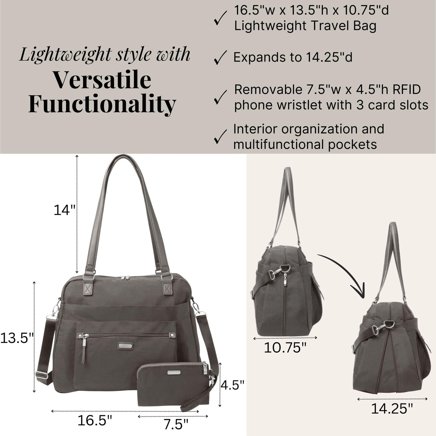 Baggallini Overnight Expandable Laptop Tote with RFID Phone Wristlet (Sterling Shimmer)