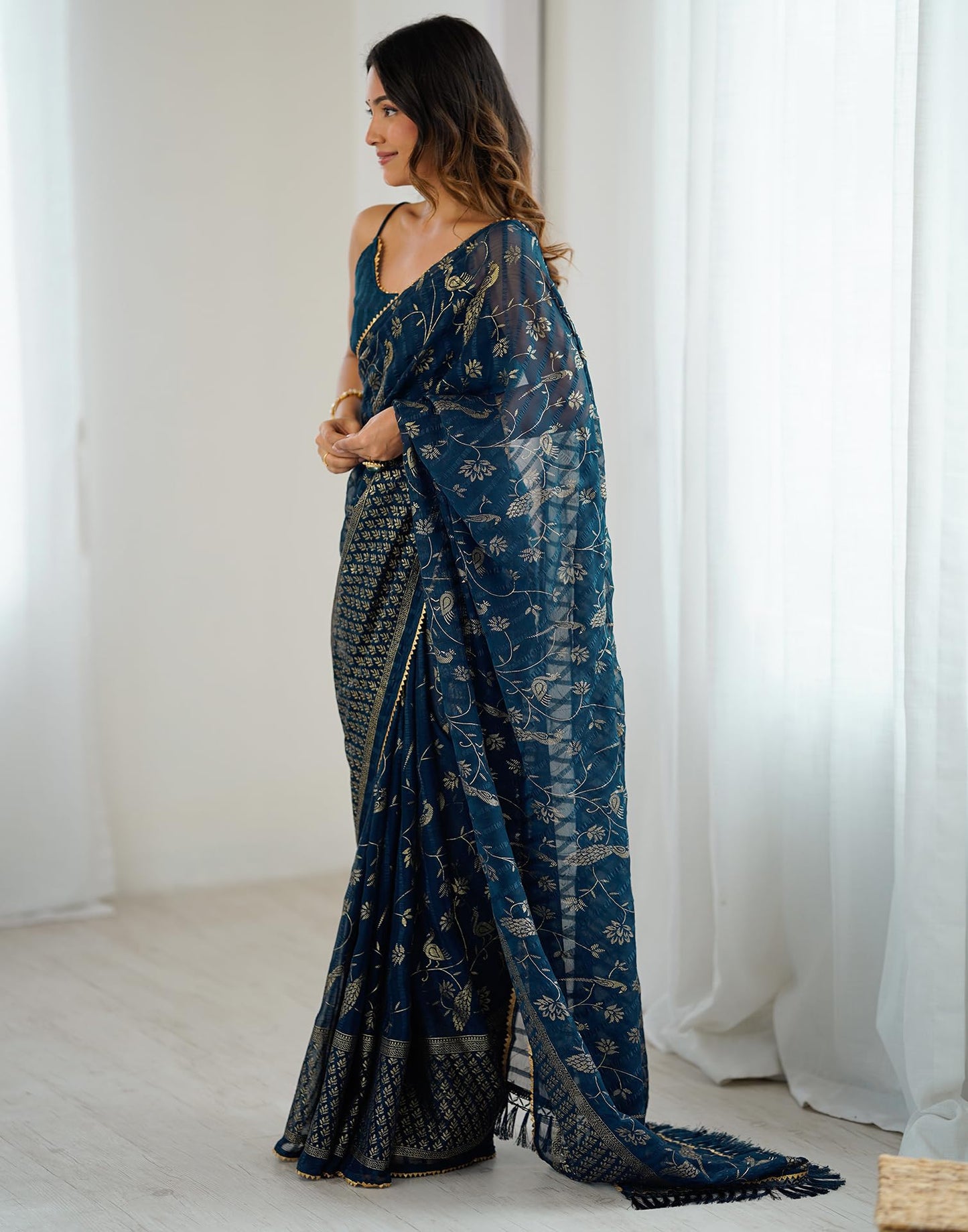 SIRIL Women's Georgette Foil with Floral Print & Weaving Saree with Unstitched blouse (4742S822_Blue)