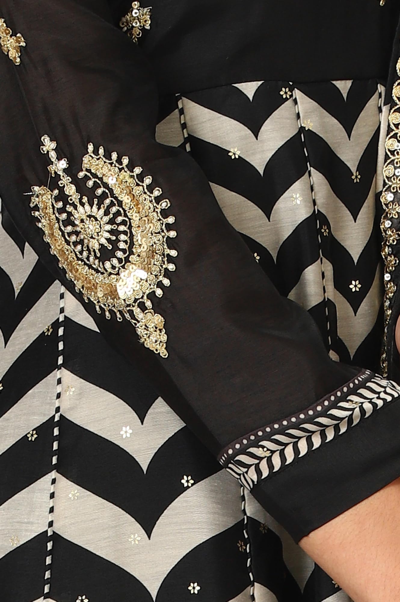 W for Woman Black Chevron Printed Embroidered Chanderi Anarkali Kurta, Tights and Duptta Set (Size: XXL)-24AUSP11666-124621