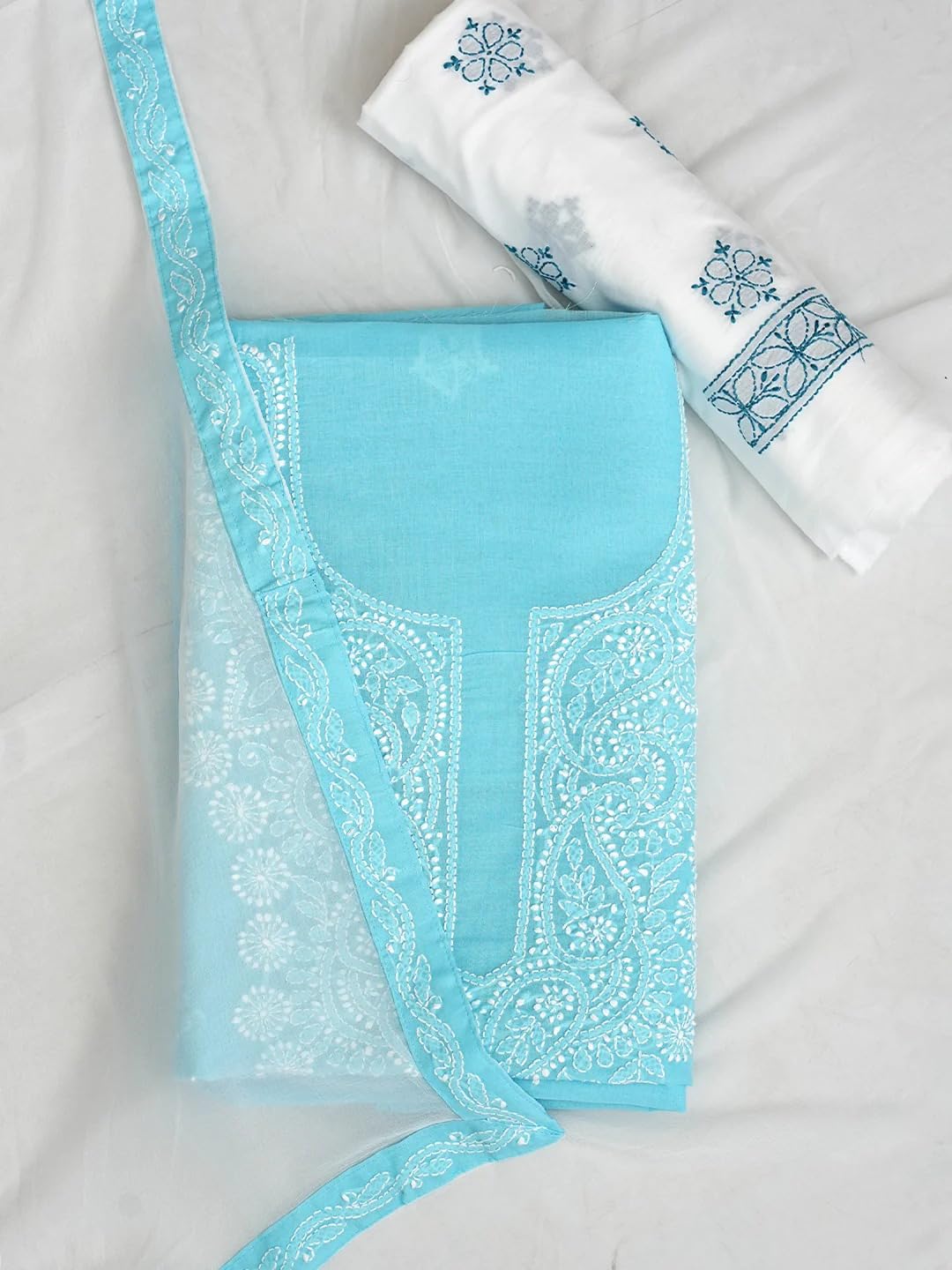 Ada Hand Embroidered Lucknowi Chikankari Unstitched Cotton Dress Material Suit Piece with Dupatta for Women A211362 Blue