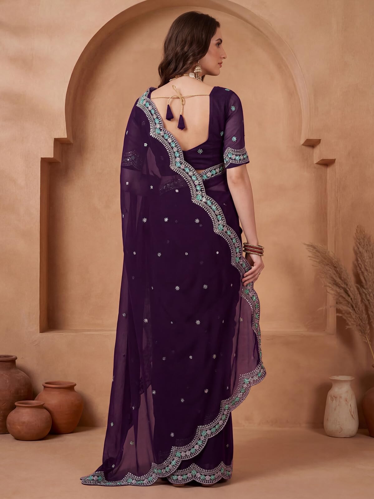SIRIL Women's Chiffon Scalloped Border Embellished Sequins Embroidery Saree with Unstitched Blouse Piece (4995S1166A_Dark Wine)