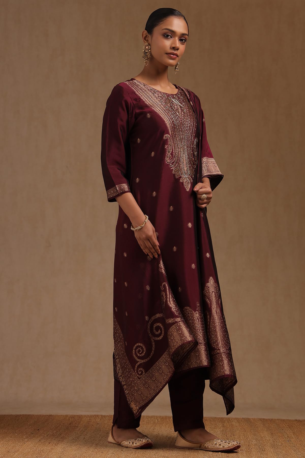 Soch Womens Wine Organza Zari Woven Suit Set With Cutdana