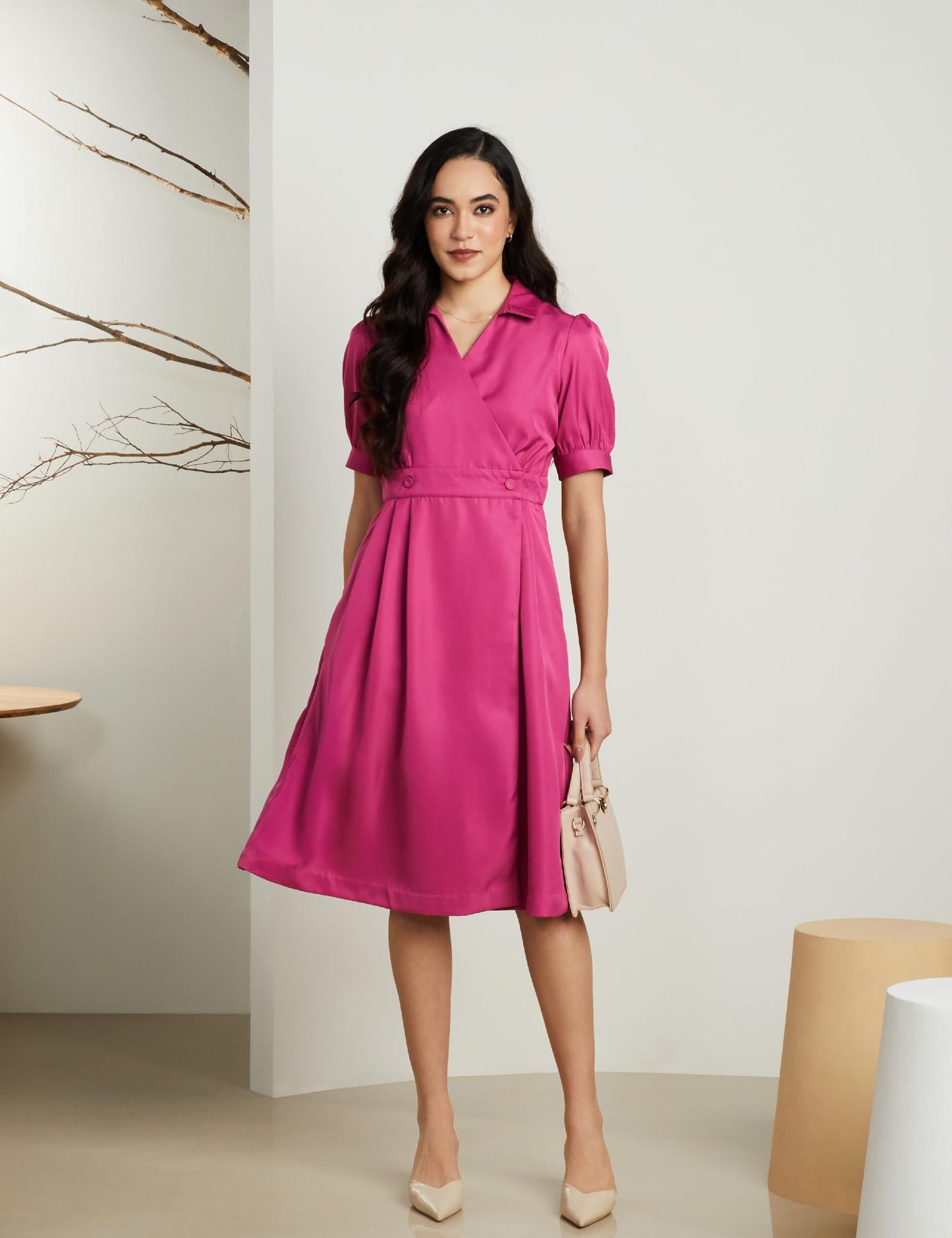 Symbol Premium Women's 'Desk-to-Dinner' Fit & Flare Wrap Dress (Midi Length | Stylish) (SBP-SS24-WDR-607_Magenta Pink_XL)