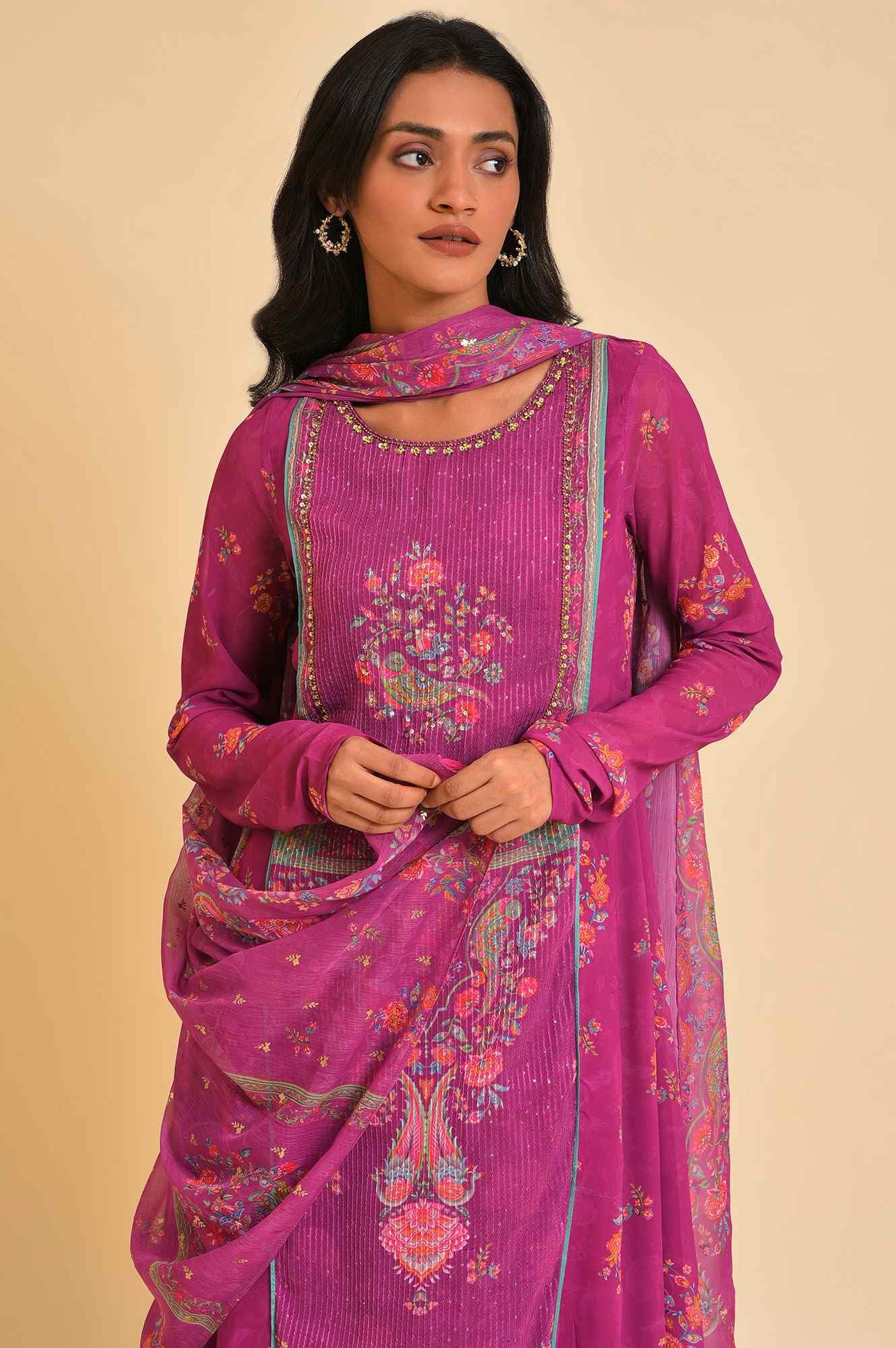 W for Woman Women's Polyester Kurta Set with Tight & Dupatta (23FESP11306-120928_Dark_Pink, Small)