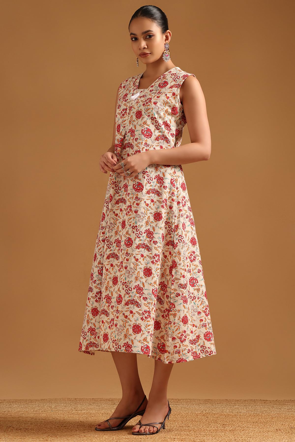 Soch Womens Red Cotton Flex Botanical Dress with Tassels