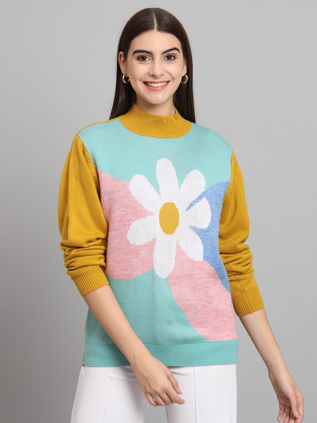 THE DRY STATE Womens Full Sleeves Round Neck Floral Colorblock Pullover Sweater