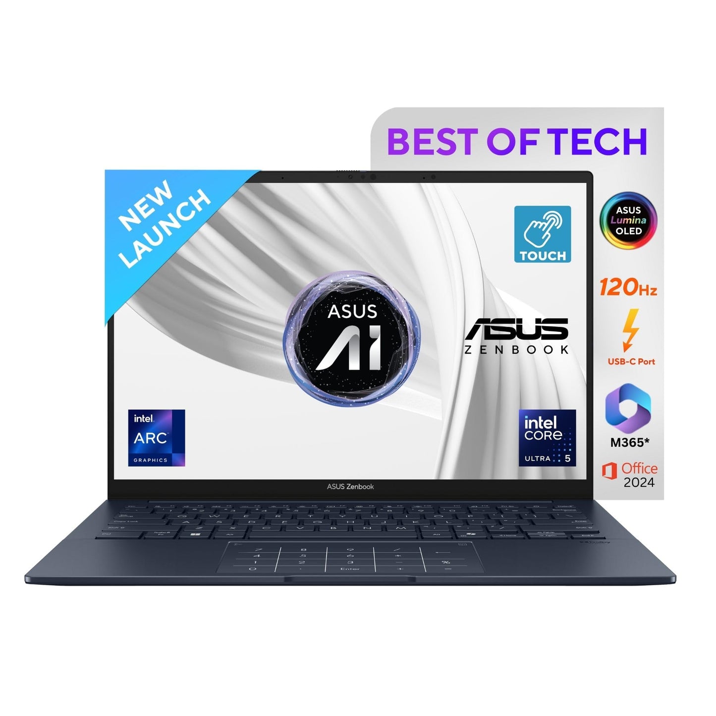 ASUS Zenbook 14,Intel Core Ultra 5 (Series 2),Thin & Light(Intel Arc iGPU/16GB/1TB/3K OLED Touch screen/14/120Hz/Windows 11/M365 Basic (1Year)*/Office Home 2024/Ponder Blue/1.28 kg) UX3405CA-PZ162WS