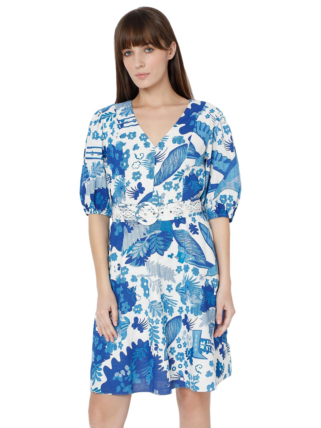 VERO MODA Women's Fit and Flared Blue Dress