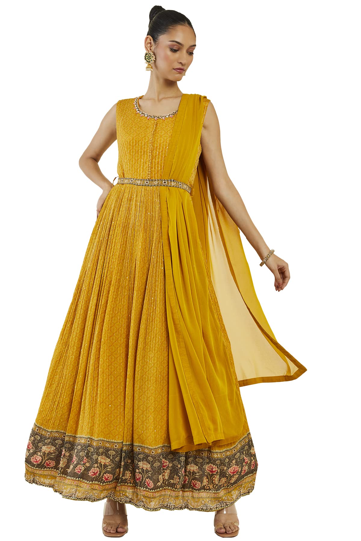 Soch Women Yellow Georgette Embroidered Gown (Yellow_XL)