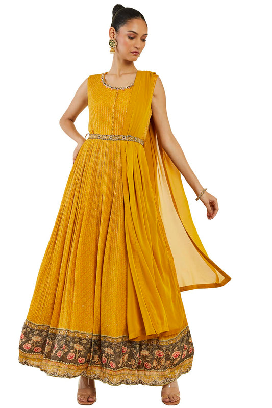 Soch Women Yellow Georgette Embroidered Gown (Yellow_XL)