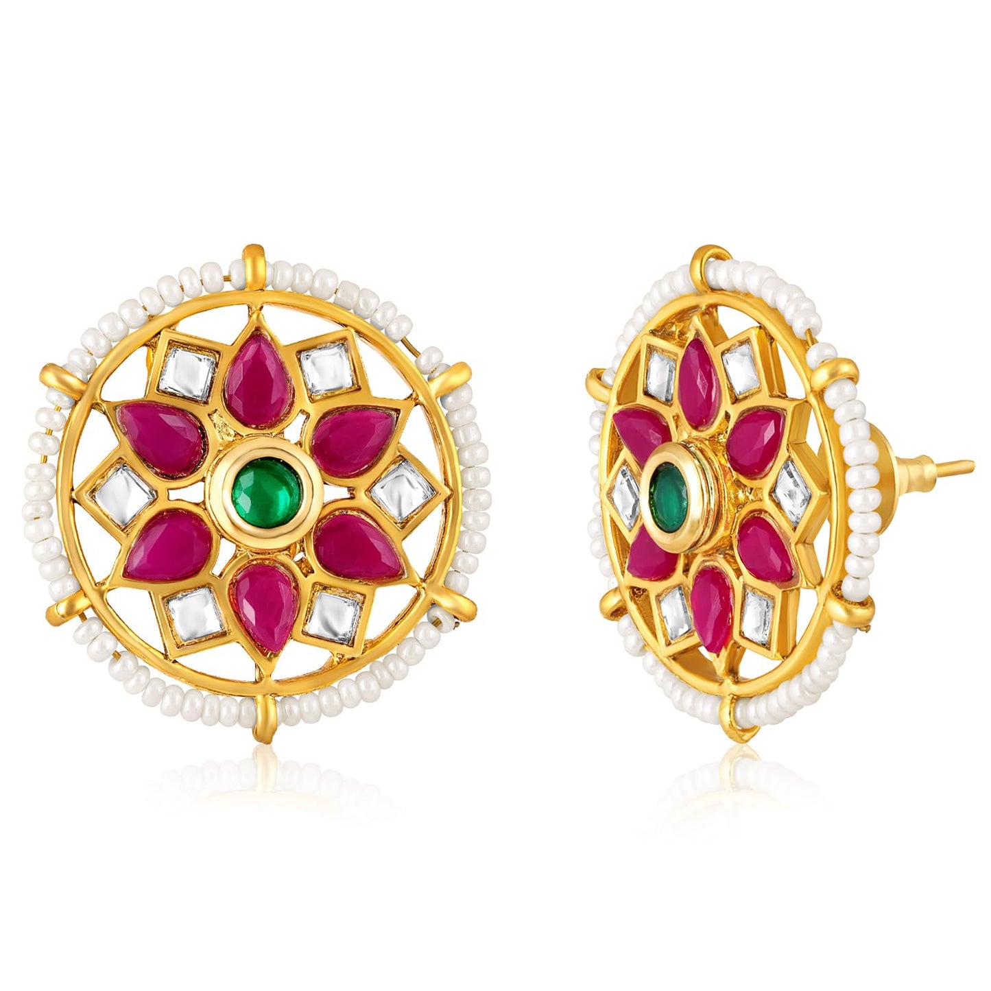 Peora Gold Plated Rani Pink Green Synthetic Stone & Beads Studded Stud Earrings Ethnic Jewellery for Women & Girls