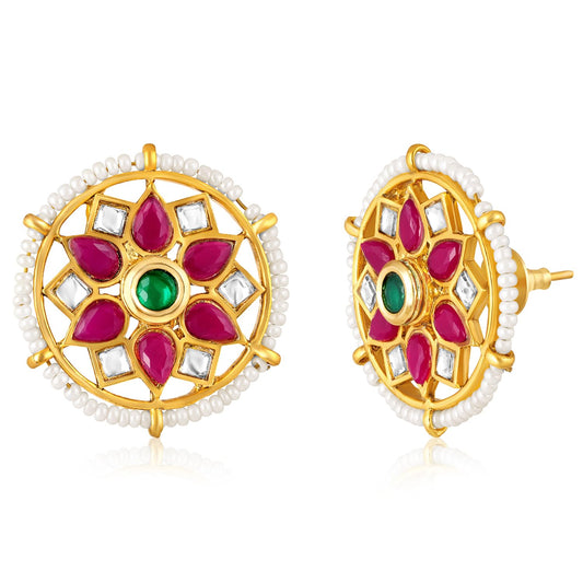 Peora Gold Plated Rani Pink Green Synthetic Stone & Beads Studded Stud Earrings Ethnic Jewellery for Women & Girls