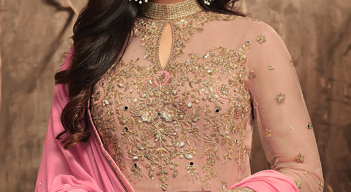 RUDRAPRAYAG Women's Net and Santoon Anarkali Floor Length Gown (5407; Gajjari; Free Size) Pink