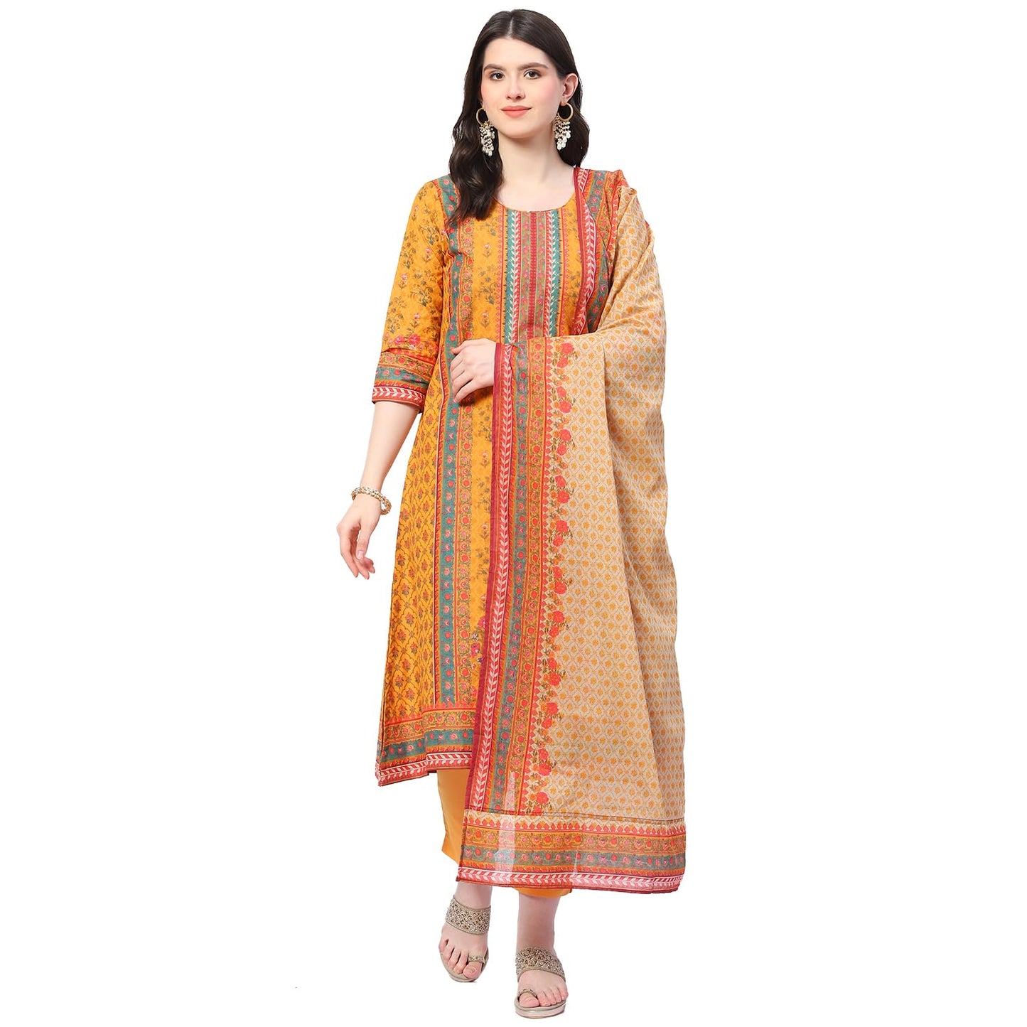 BIBA Women Cotton A Line Printed Suit Set (SKDGUL8951SS24MUST_Yellow