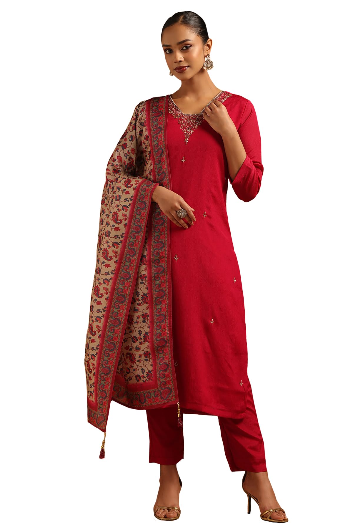 Soch Womens Fuchsia Chinon Floral Salwar Suit With Beads And Stones