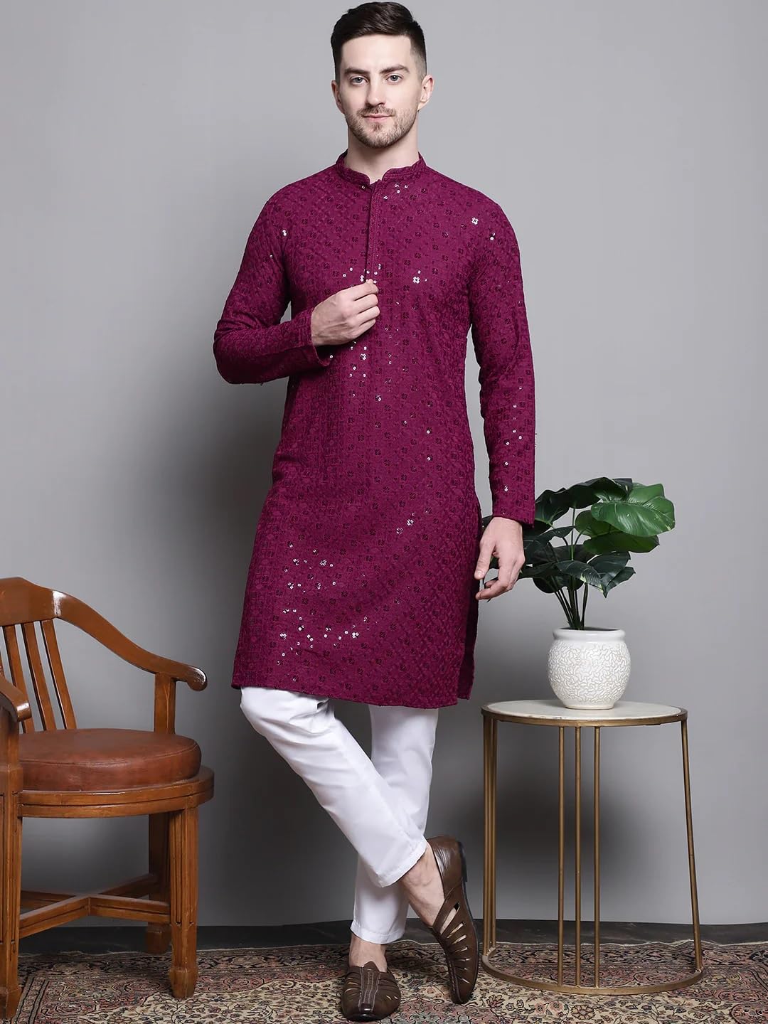 Boldwink Lucknow Chikan Men's Pure Cotton Kurta Pajama Set, Full Booty