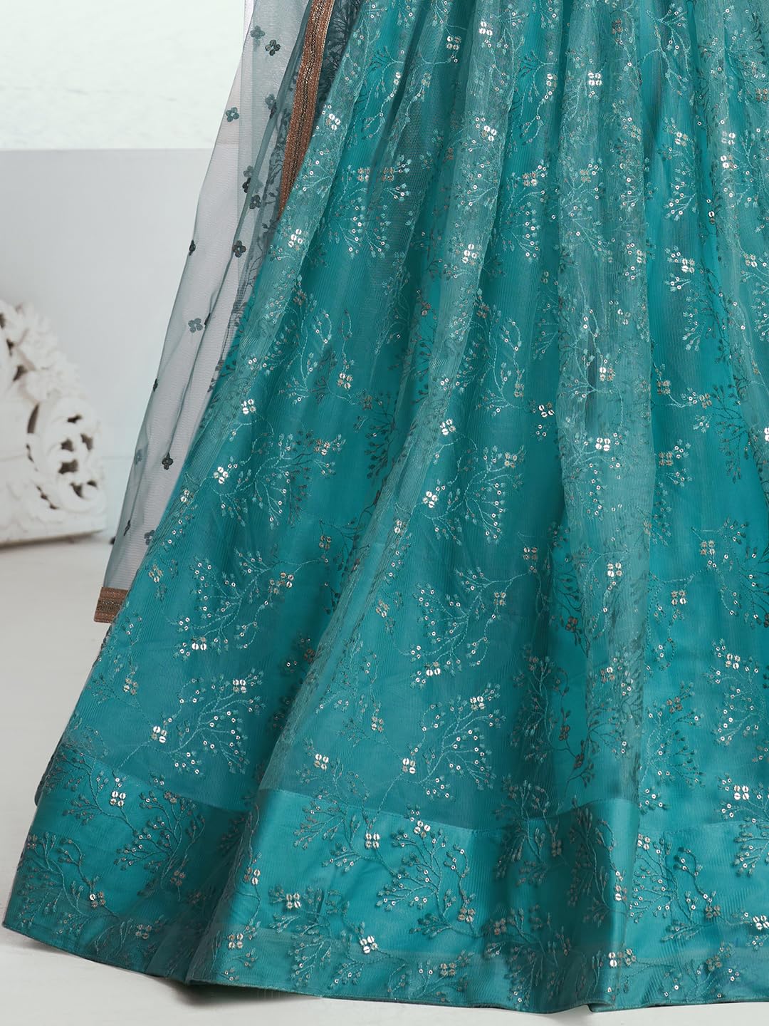 Zeel Clothing Women's Cotton Thread Sequins Work Embroidery Soft Net Readymade Lehenga Choli Set With Dupatta (Nfh-2201-Rama-Green-Women-Lehenga-Choli-Latest; Free Size)