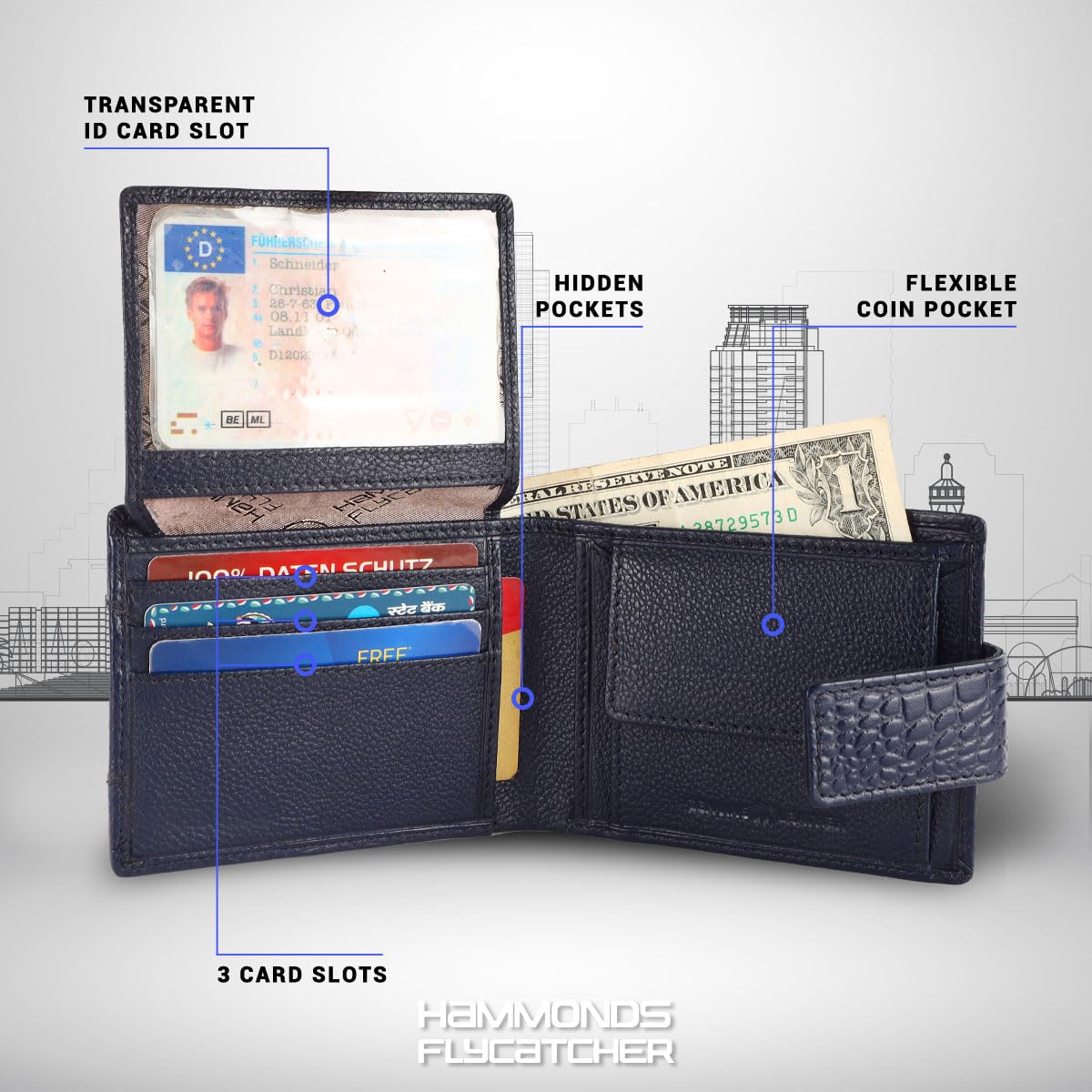 HAMMONDS FLYCATCHER RFID Wallet for Men Leather Original, Mens Wallet, Leather Wallets for Men Stylish, Bi-Fold Wallets for Man, 6 Card Slots, 1 ID Slot, Coin Pocket, Gift for Mens - Croc Blue