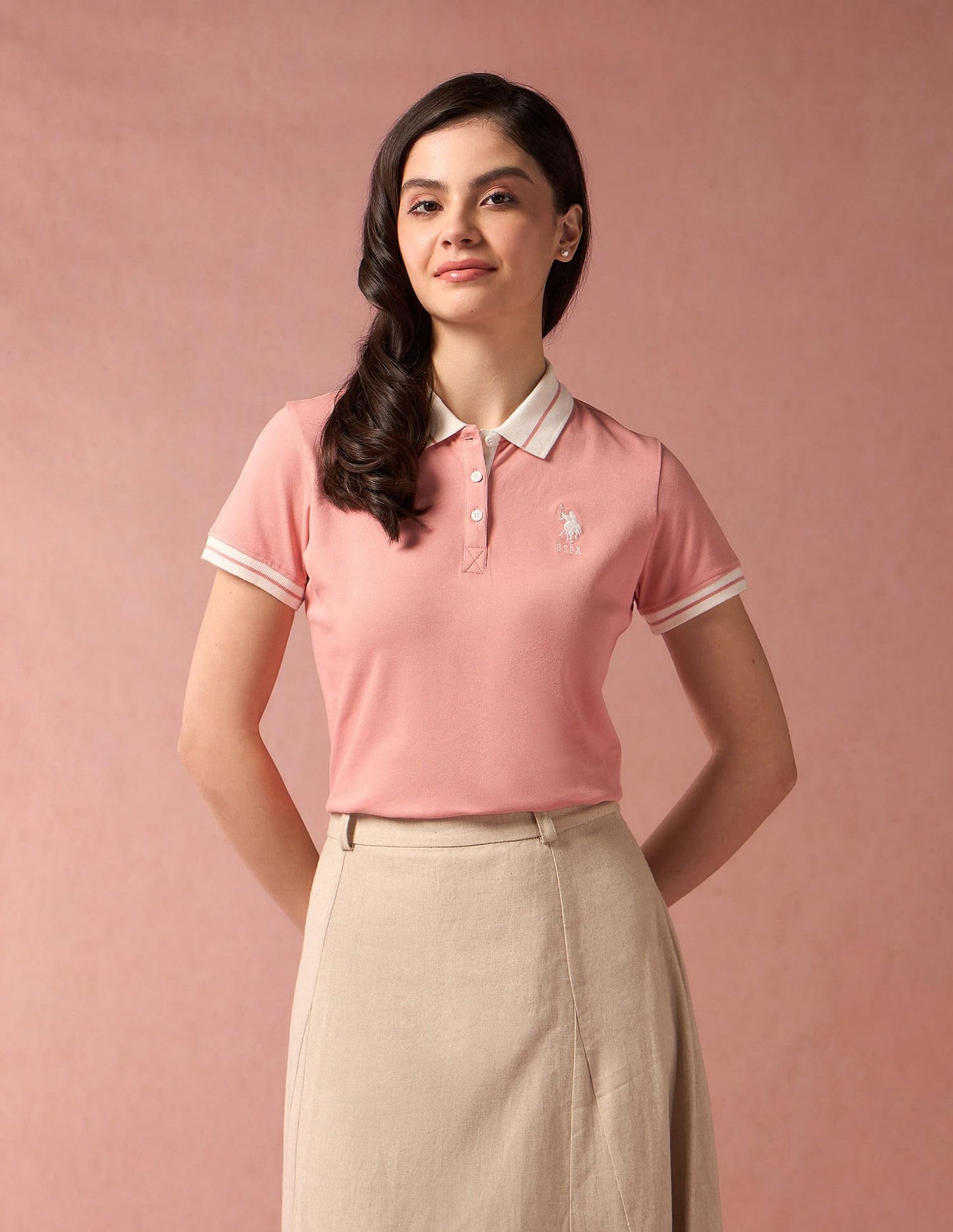 U.S. POLO ASSN. Women's Cotton Regular Fit T-Shirt (UWAW24PTS122_Peach,Large