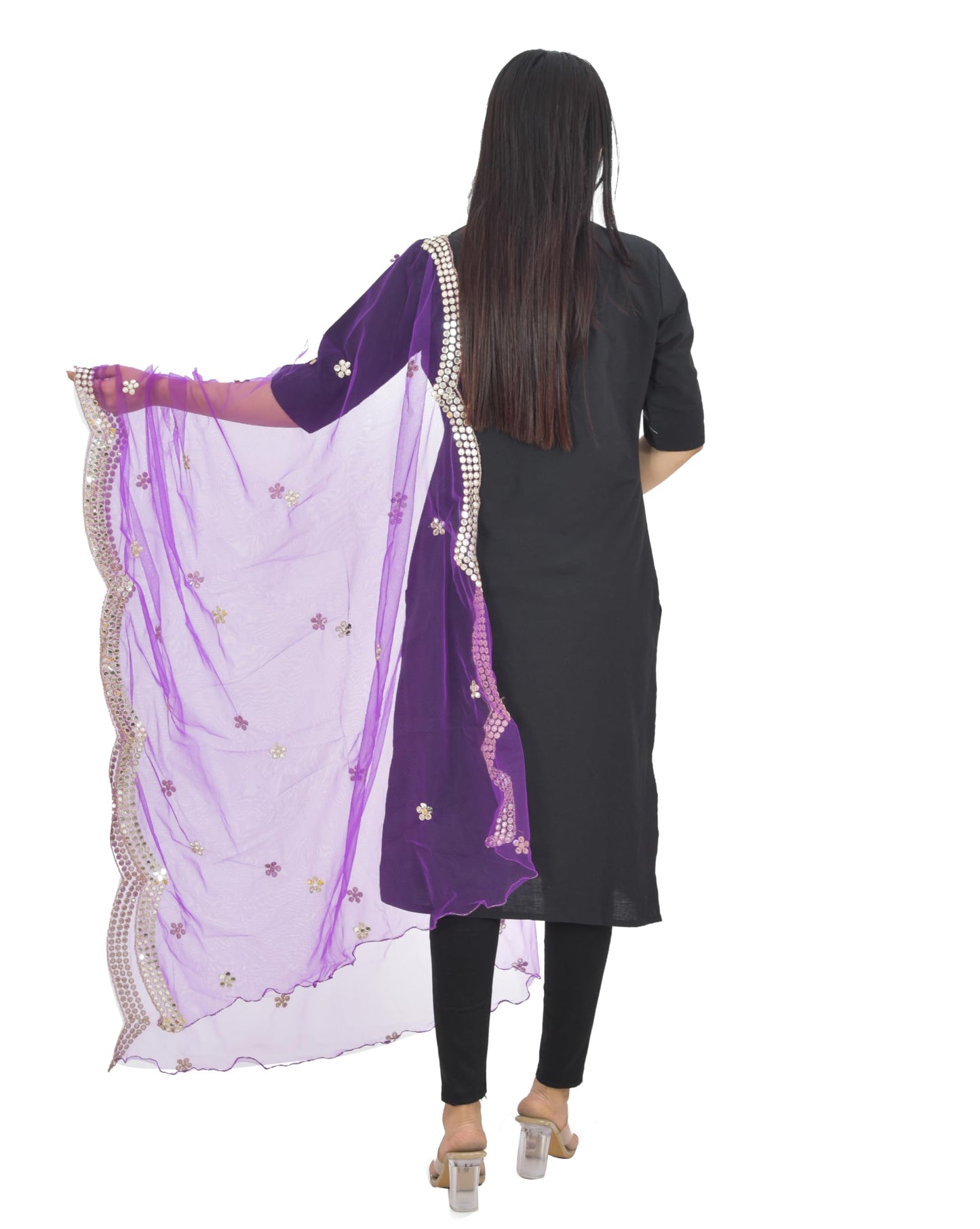 YOUTHQUAKE Embellished Mirror Half Curve Trendy Design Soft Net Dupatta for Womens & Girls (Purple)