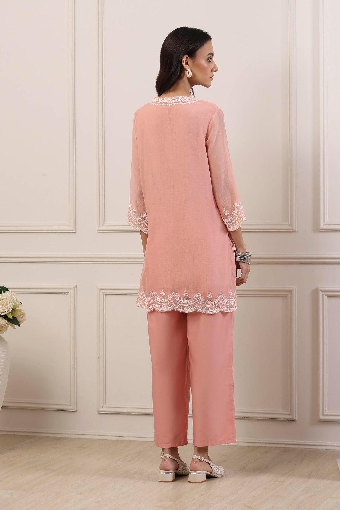 Biba Women Peach Silk Chanderi Straight Suit Set_38