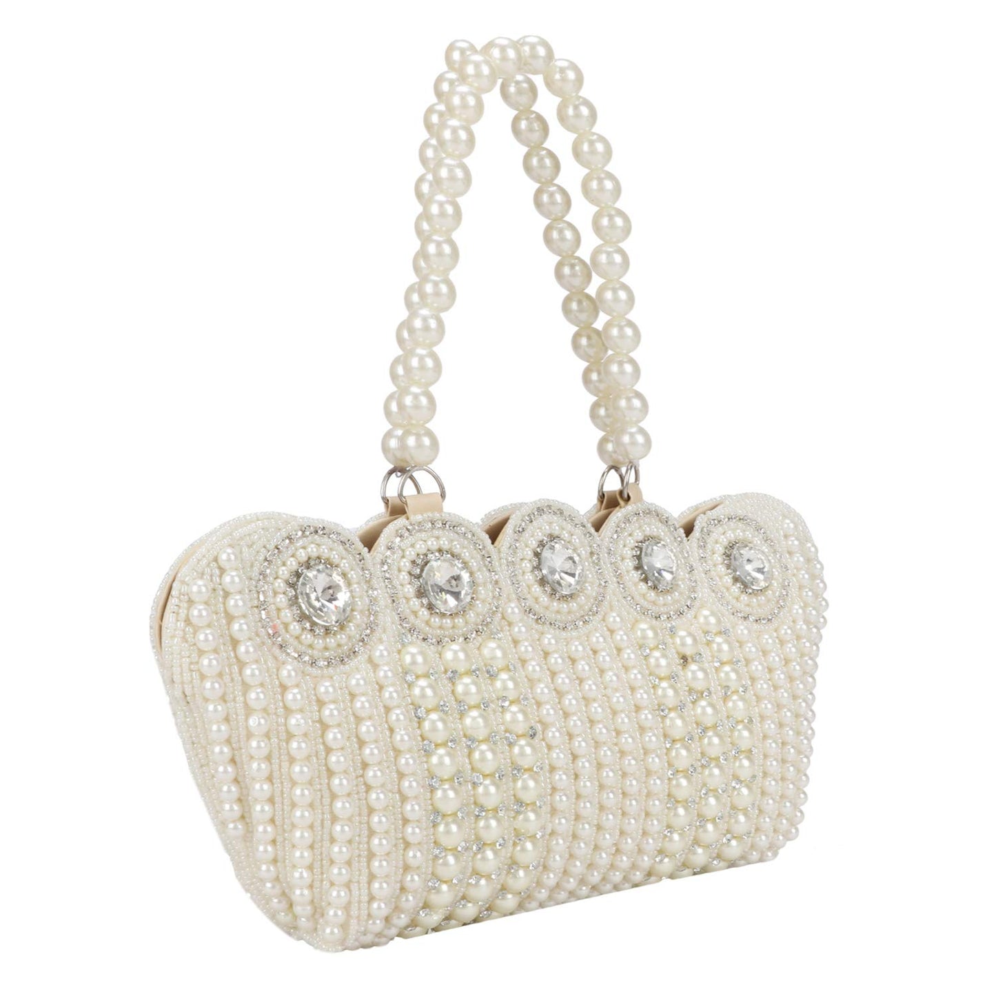 LONGING TO BUY Women's Small Cutest Vintage Style Pearl Tote Wrist Bag Evening Clutch Purse, White