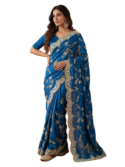 SIRIL Women's Satin Scalloped Border Embellished Sequins Embroidery Saree with Unstitched Blouse Piece (4858S171A_Teal Blue)