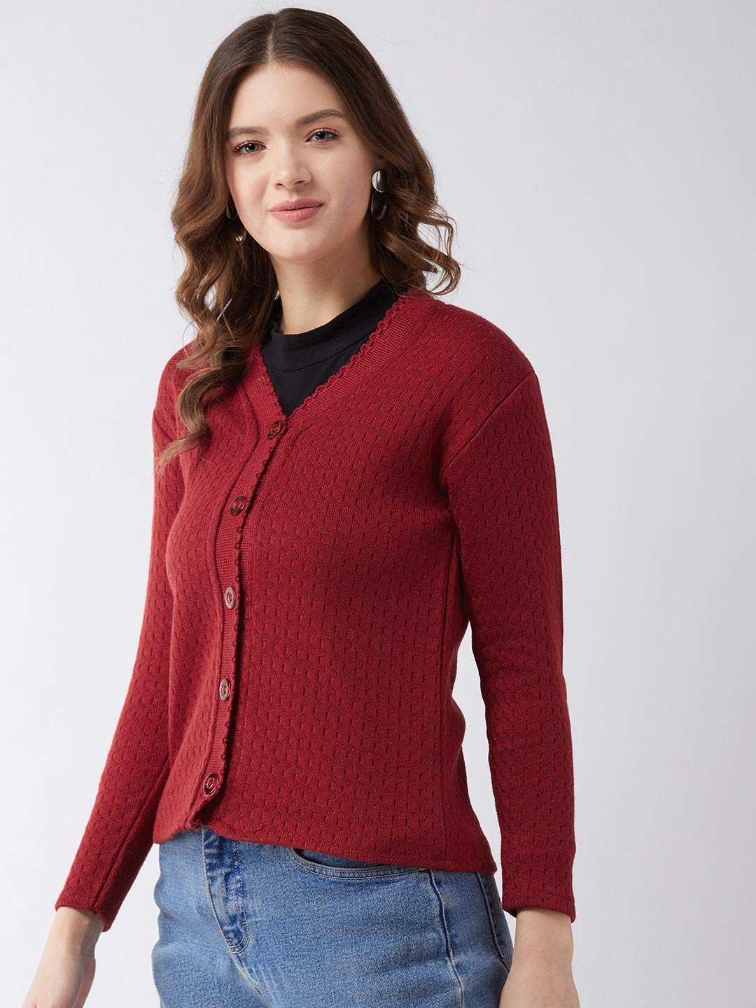 Pivl Self Design V Neck Casual Women Sweater (XX-Large, Maroon)
