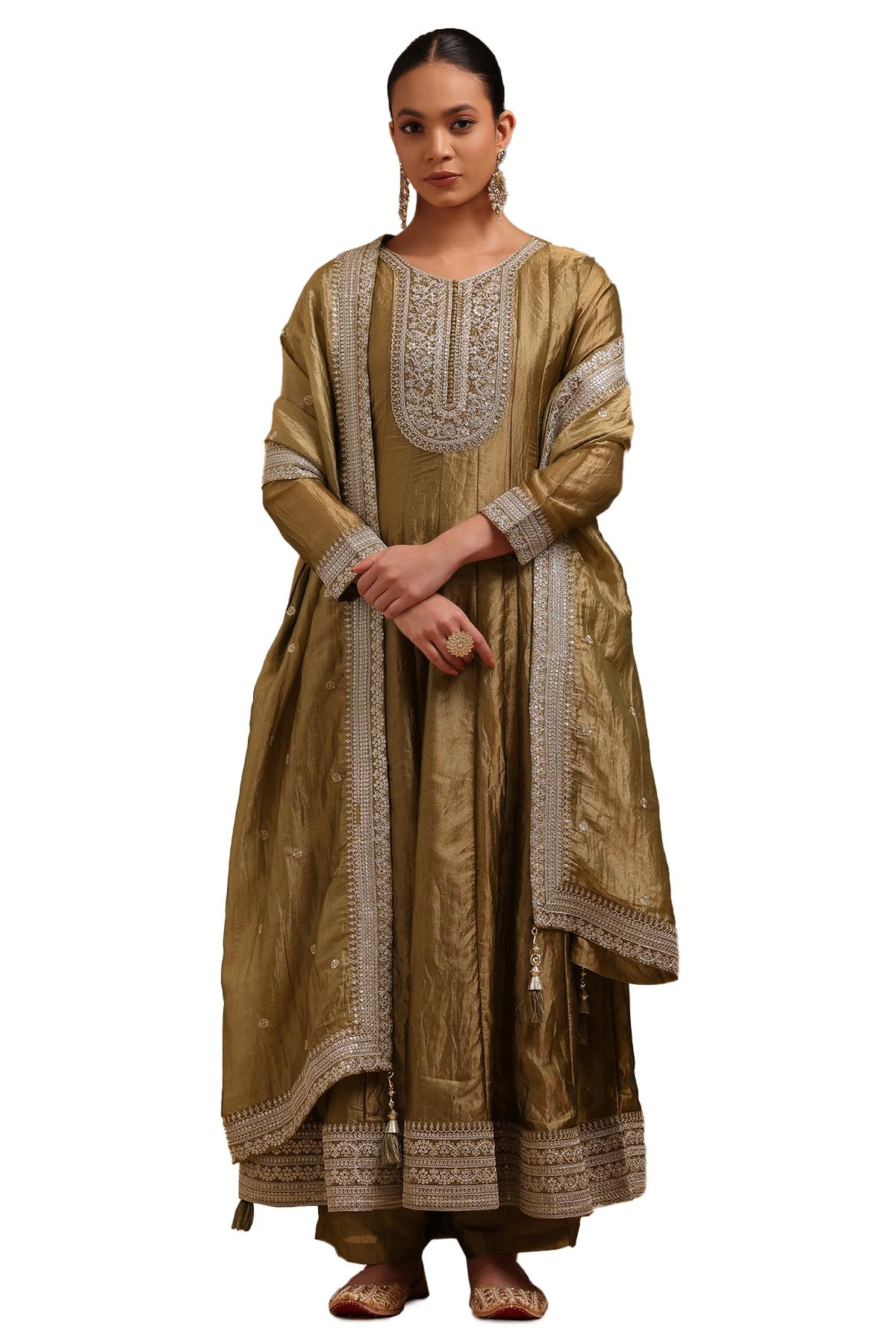 Soch Womens Olive Tissue Embroidered Salwar Suit With Sequins