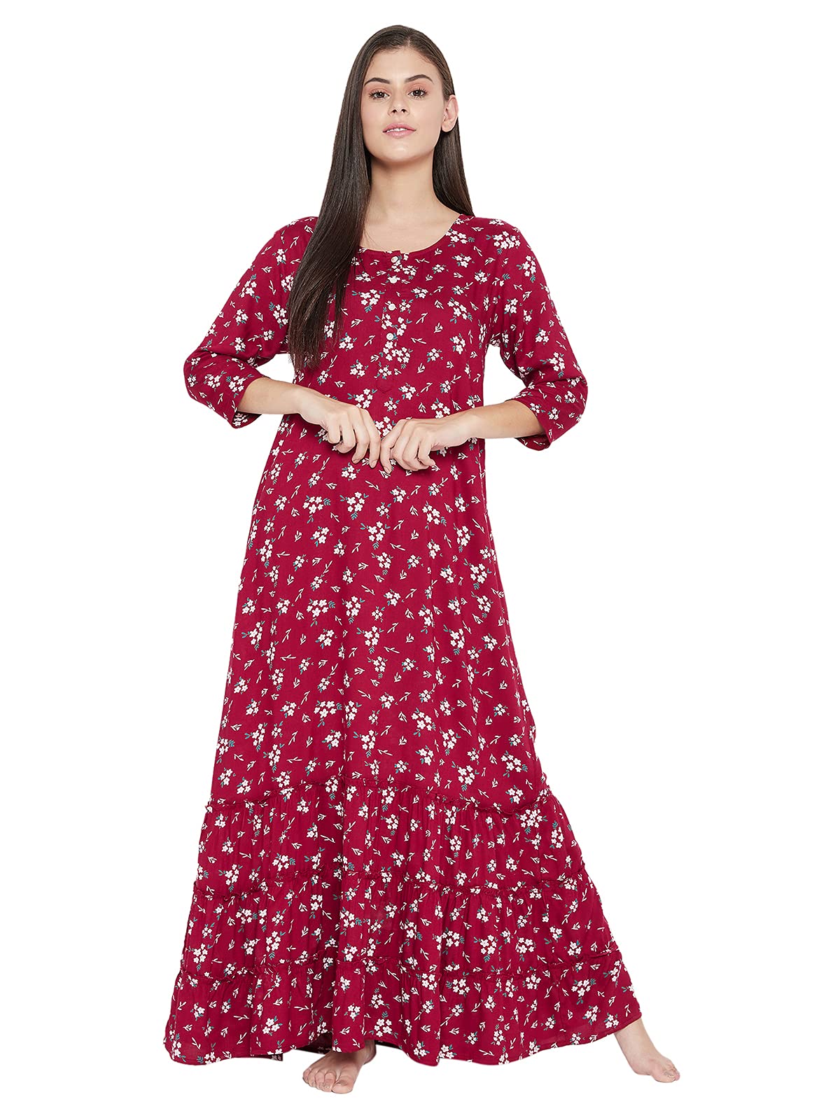 Clovia Women's Cotton Maxi Casual Regular Nightgown (NS1359P09XL_Maroon_XL)