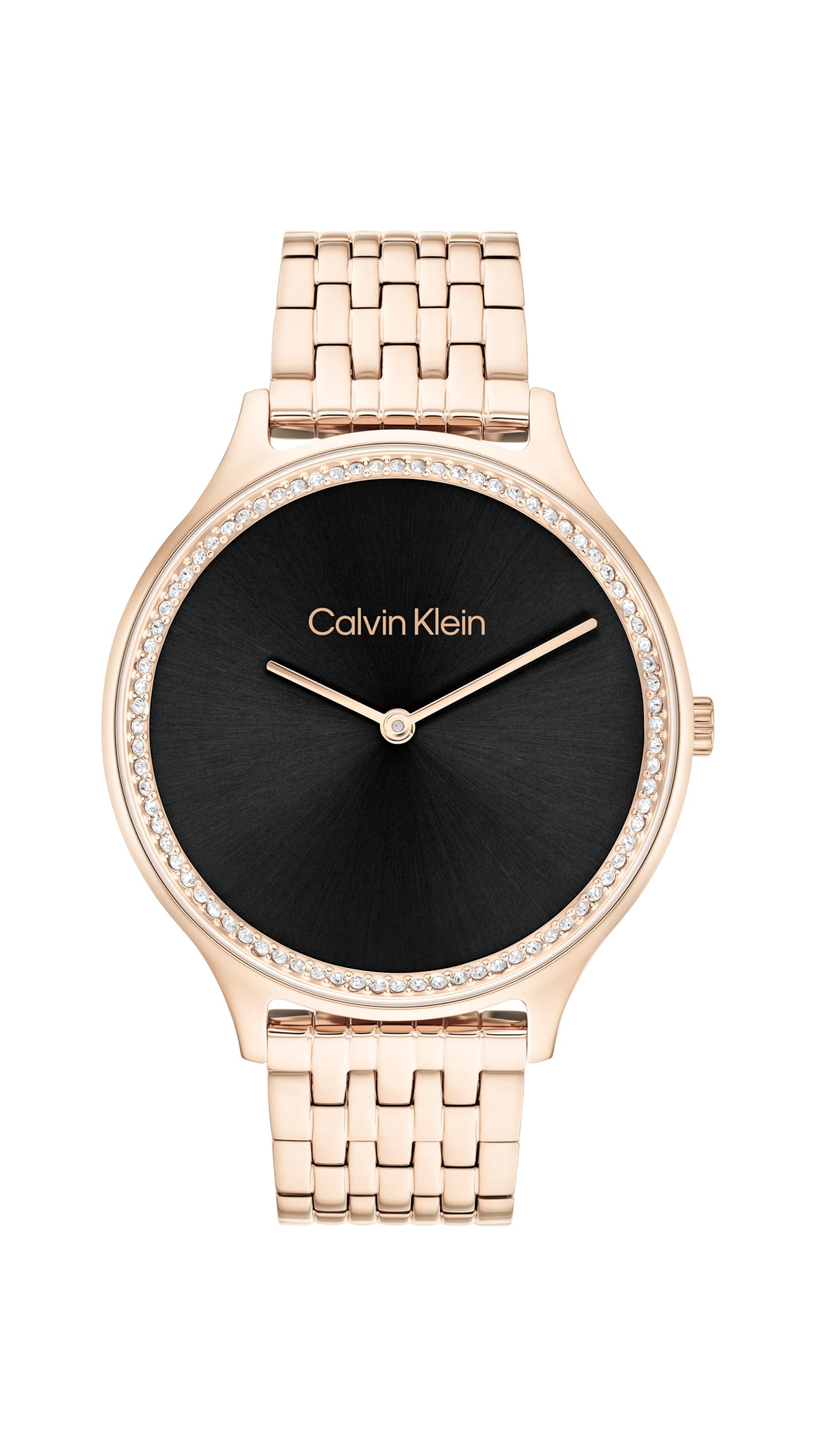 Calvin Klein Ck Timeless Qtz Basic Black Round Dial Women's Watch|Ionic Plated Carnation Gold Steel Material|Gold Color Band - 25100003