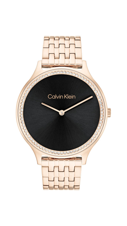 Calvin Klein Ck Timeless Qtz Basic Black Round Dial Women's Watch|Ionic Plated Carnation Gold Steel Material|Gold Color Band - 25100003